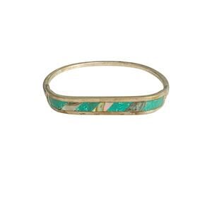 Vintage Alpaca Mexico Silver Cuff Bracelet Turquoise Abalone Inlay Bangle Hinged